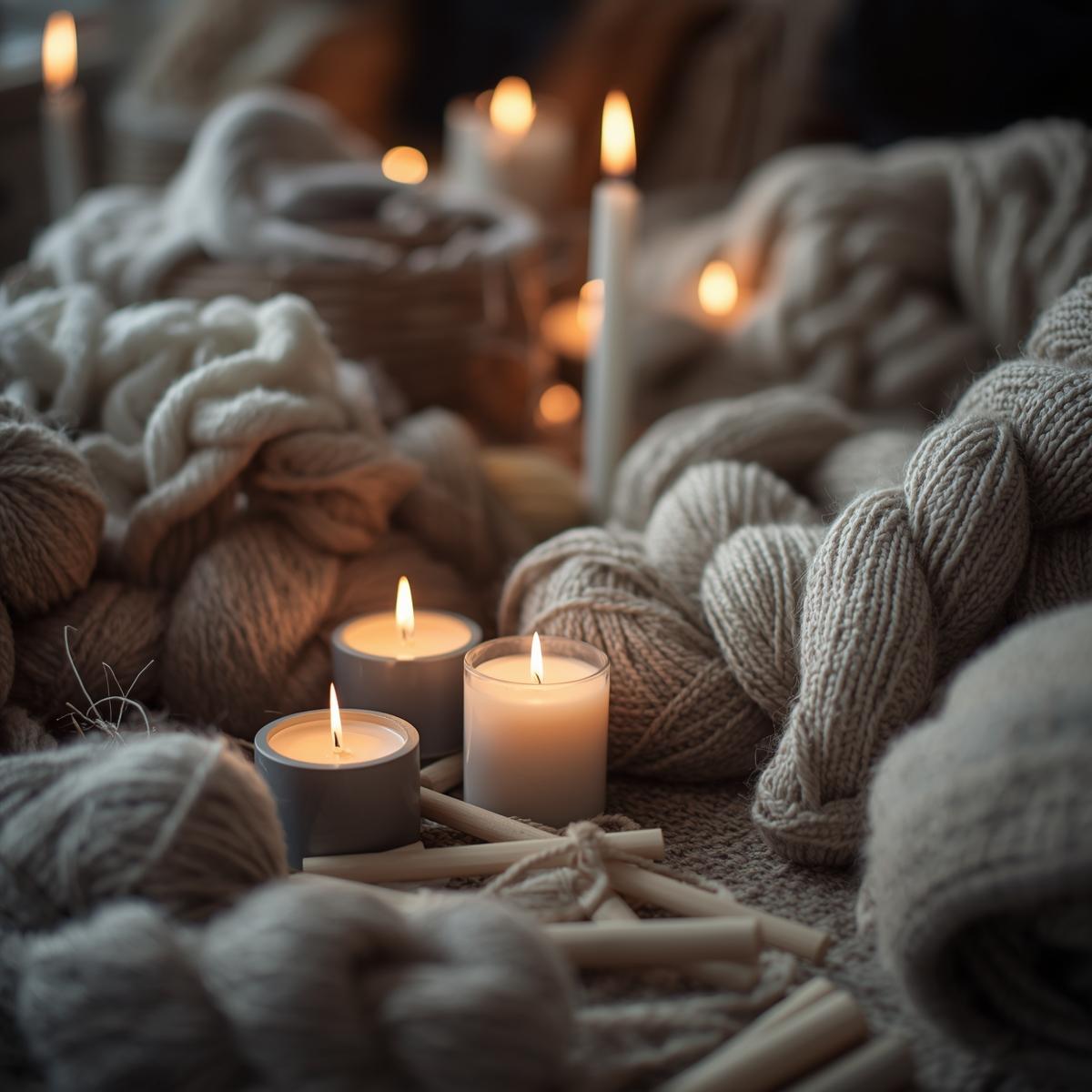 Winter crafting setup with candles and wool materials